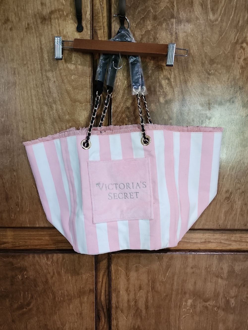 Victoria's Secret Pink and White Striped Chain-Handle Tote